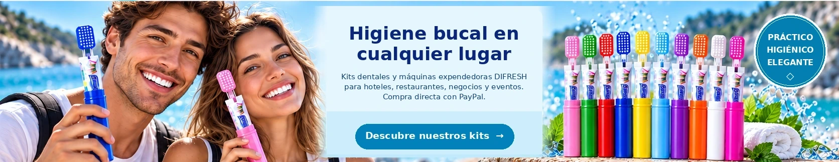 Higiene bucal en cualquier lugar — Kits dentales y máquinas expendedoras DIFRESH para hoteles, restaurantes, negocios y eventos. Compra directa con PayPal.